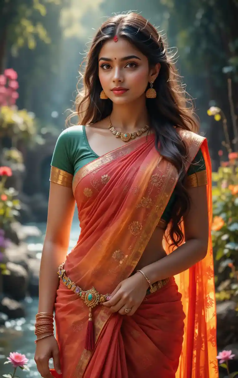 Glamorous woman in saree beside a clear flowing stream