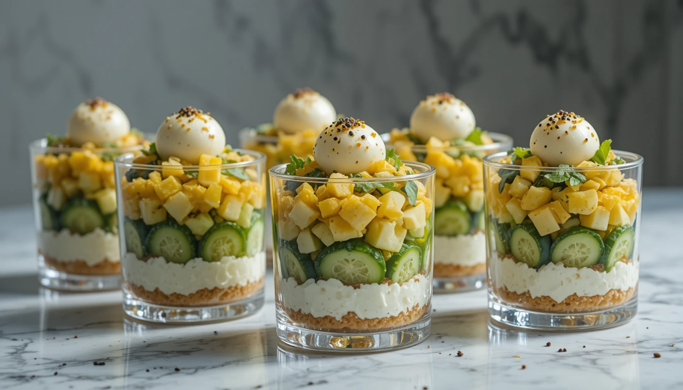 Gourmet verrines layered with vegetables and quail eggs