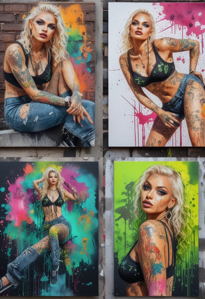 Artista di street art pin-up al neon che dipinge un murale mistico