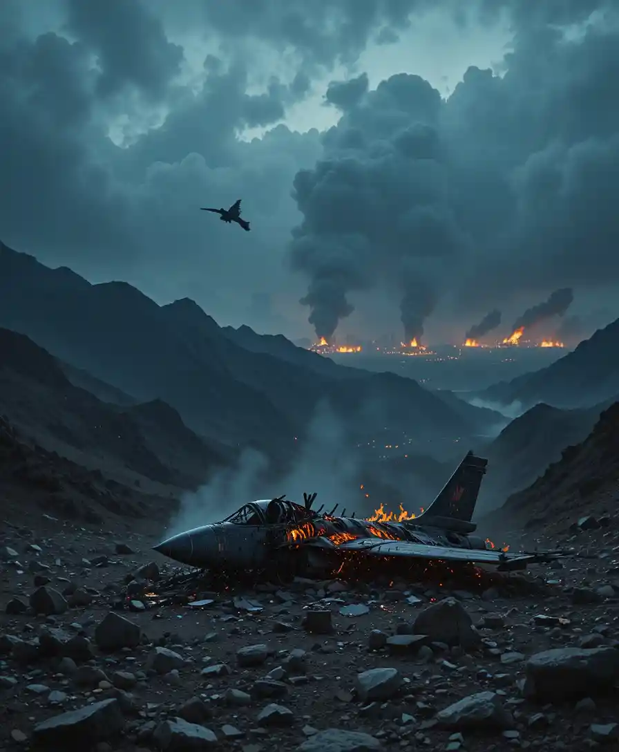Rottami in fiamme di un jet da combattimento nelle montagne Zagros in Iran al crepuscolo