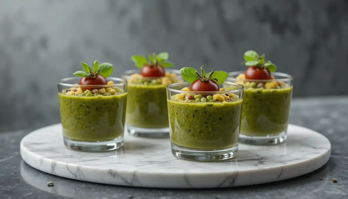 Elegantes verrines de tomate recheadas com cremoso pistou verde