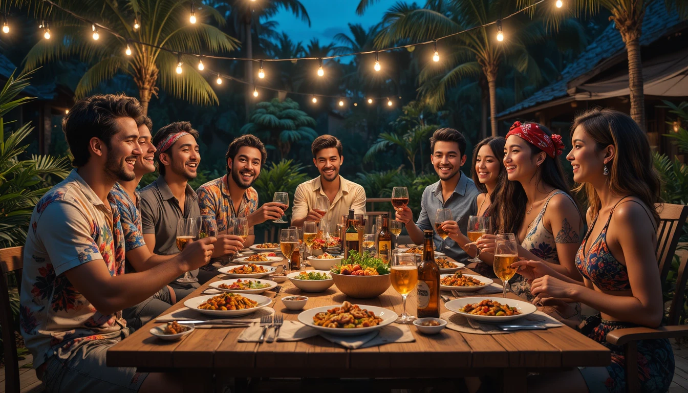 Friends and family sharing a joyful tropical outdoor dinner