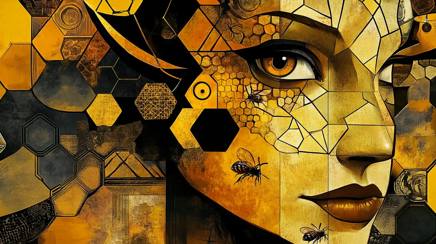 Donna cubista con api e motivi geometrici a nido d’ape