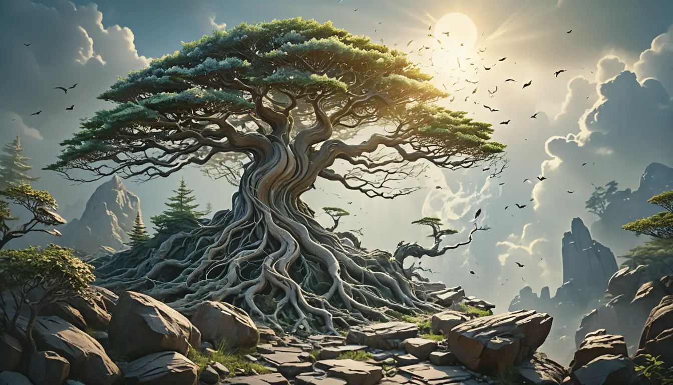 Surreales Bonsai-Porträt, das sich in abstrakte Pinselstriche auflöst