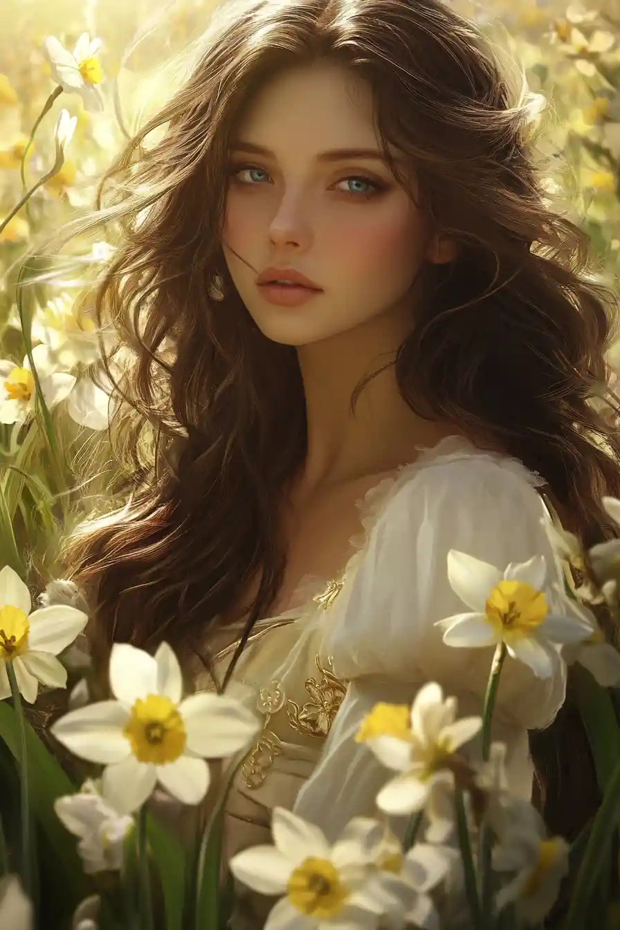 Radiant spring goddess standing in a lush flower garden