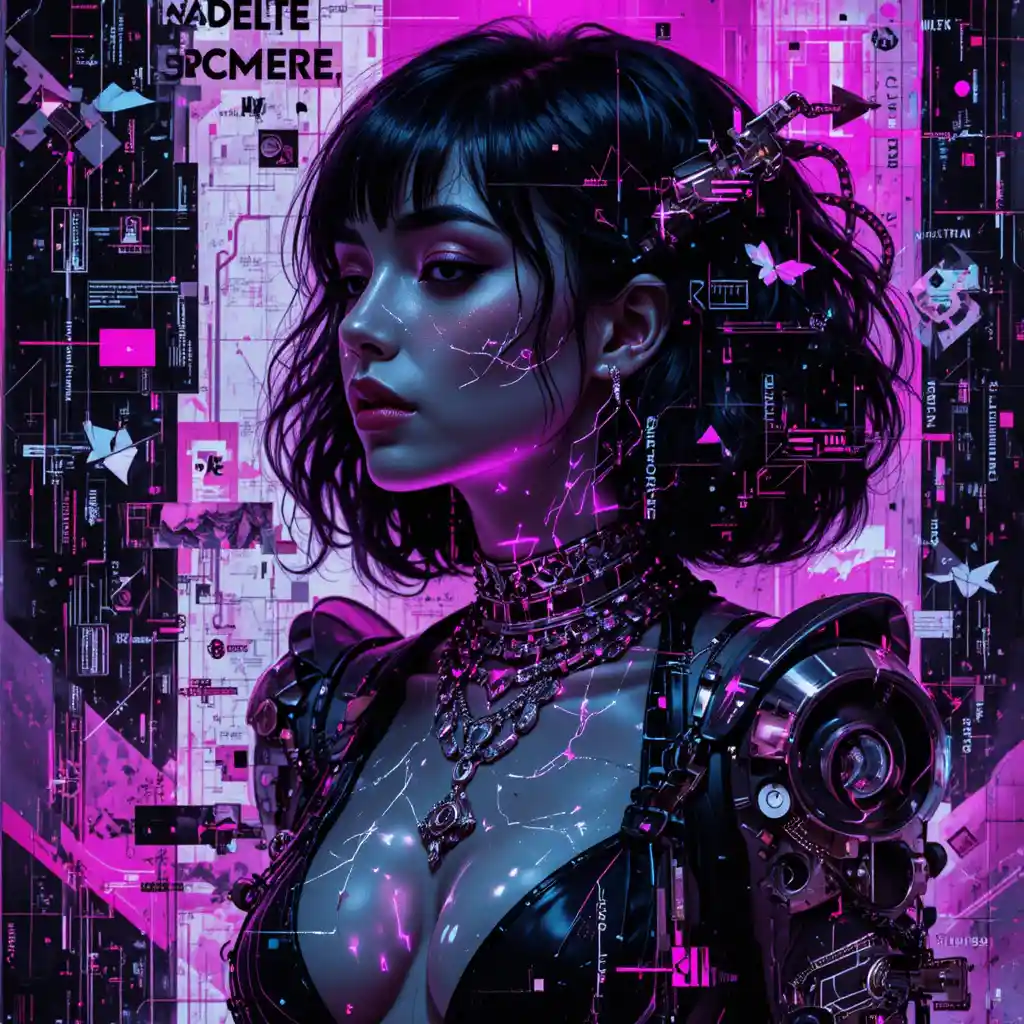 Gros plan d’une femme fatale cyberpunk avec texture d’impression glitch