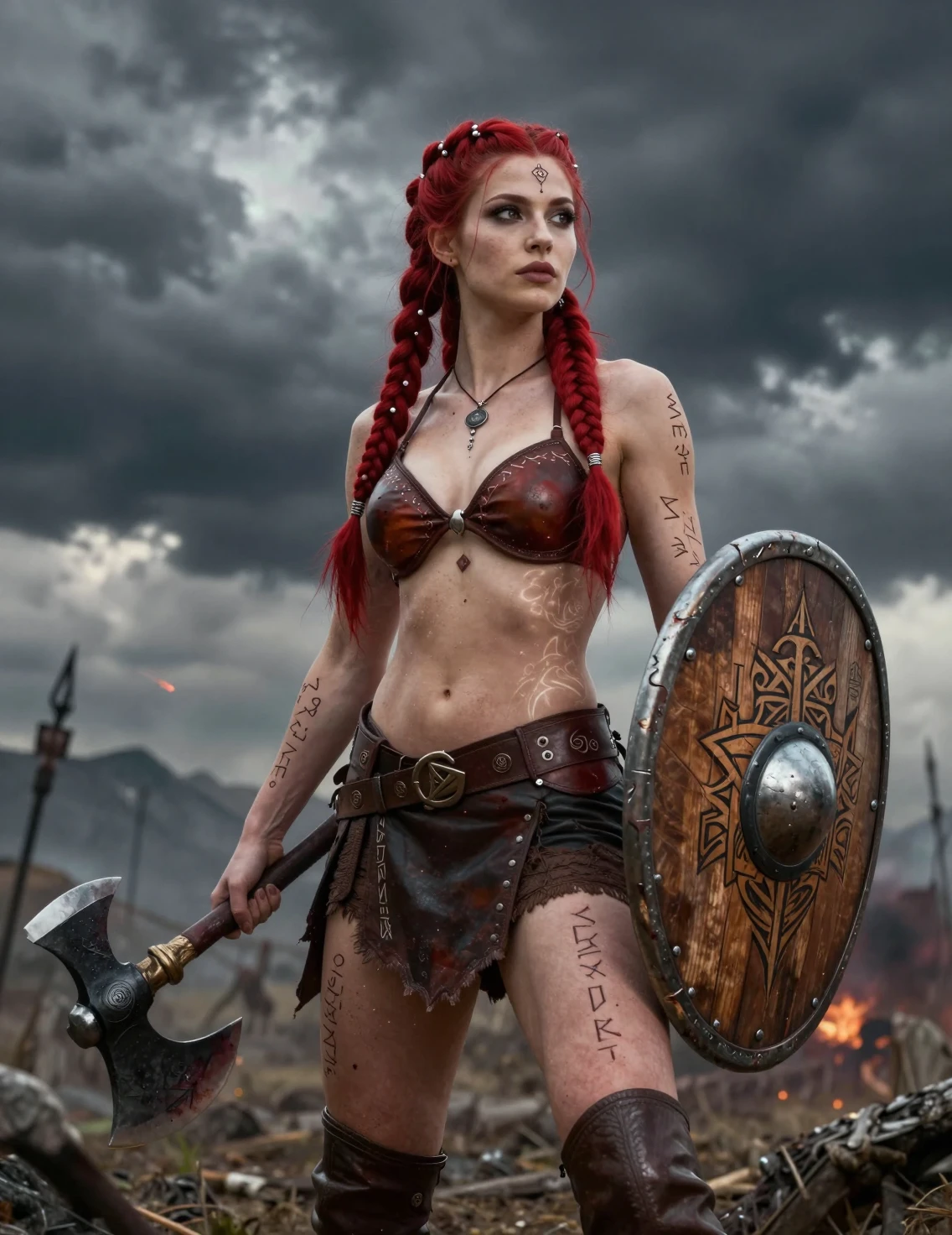 Valkyrie warrior standing on a stormy fantasy battlefield