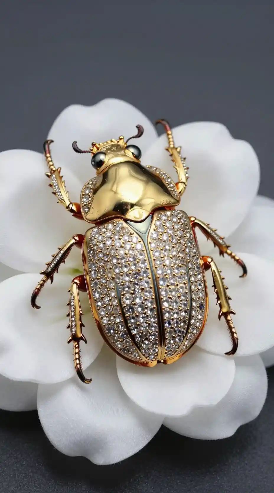 Goldener juwelenbesetzter Skarabäus auf weißer Seidenblume