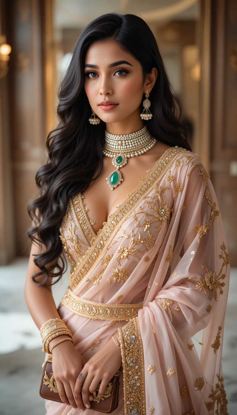 Elegante mujer india con sari rosa y gargantilla de esmeraldas