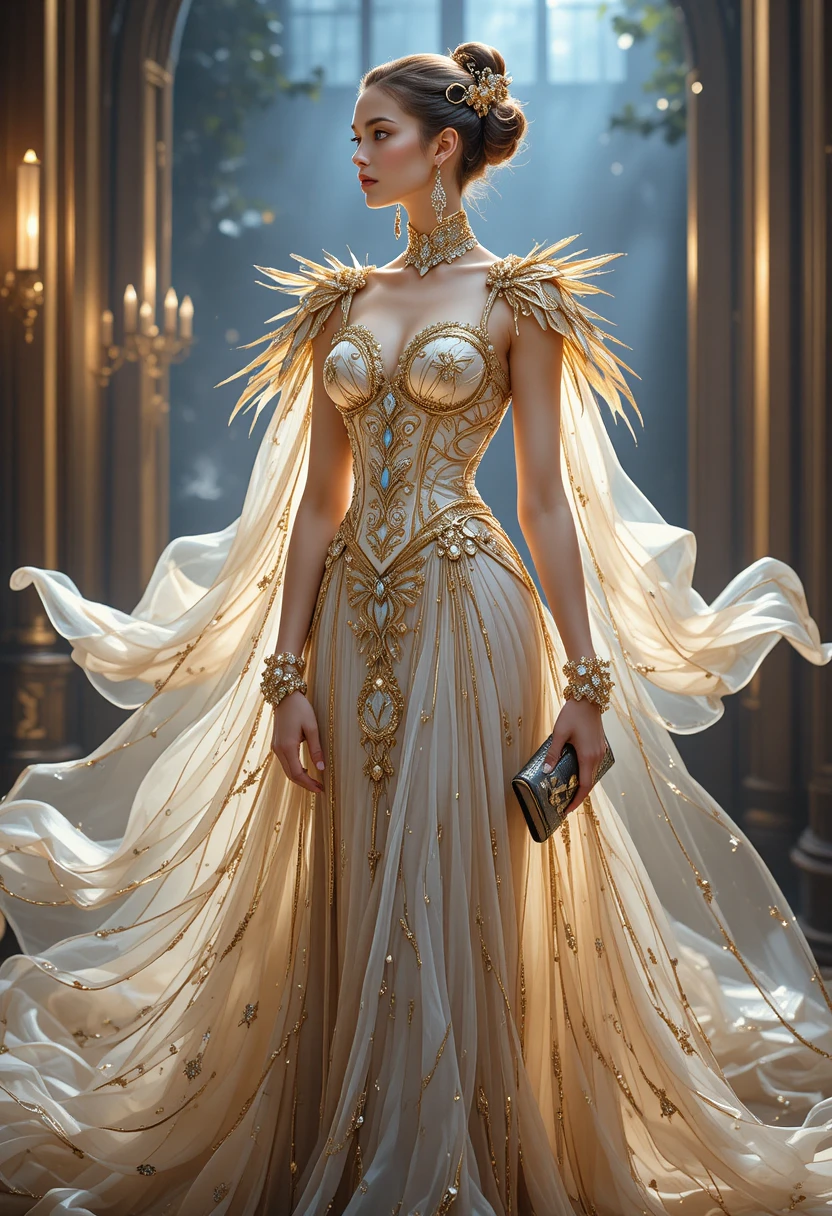 Illustrazione di moda di una dea mitica in una radiosa posa da studio