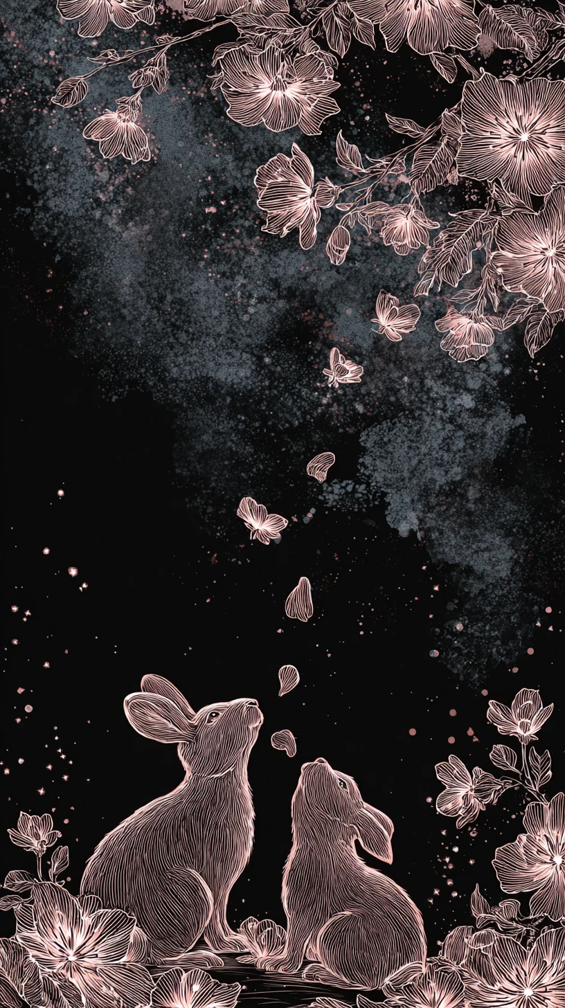 Two rabbits beneath glowing falling sakura petals at night