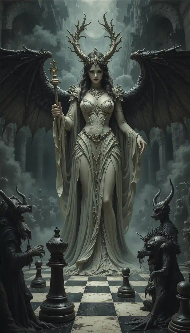 Regina demoniaca degli scacchi che comanda pezzi infernali