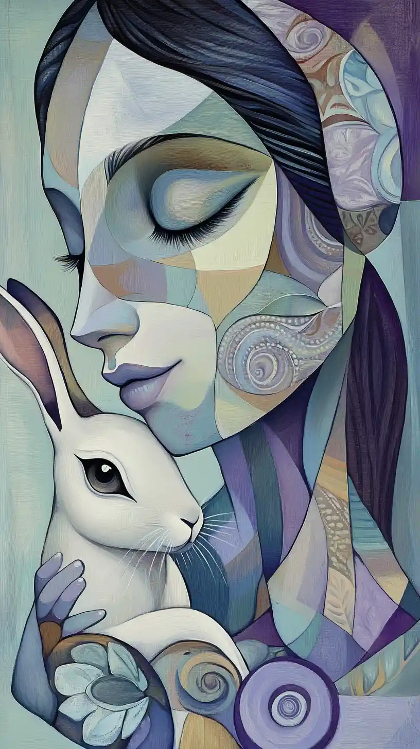 Abstract cubist woman cradling a rabbit in pastel colors