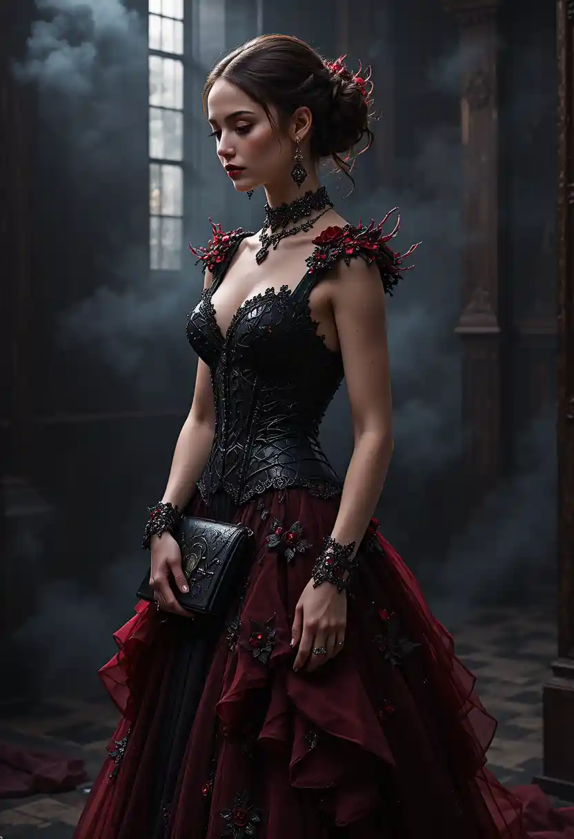 Dark-Couture-Modeillustration einer Frau im karmesinroten Kleid