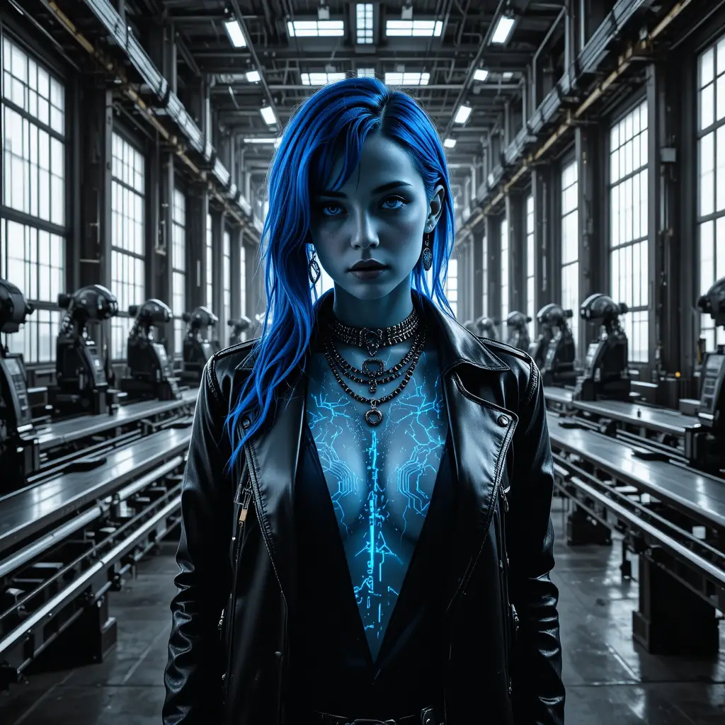 Donna cyberpunk in stile noir in primo piano dentro un'enorme fabbrica