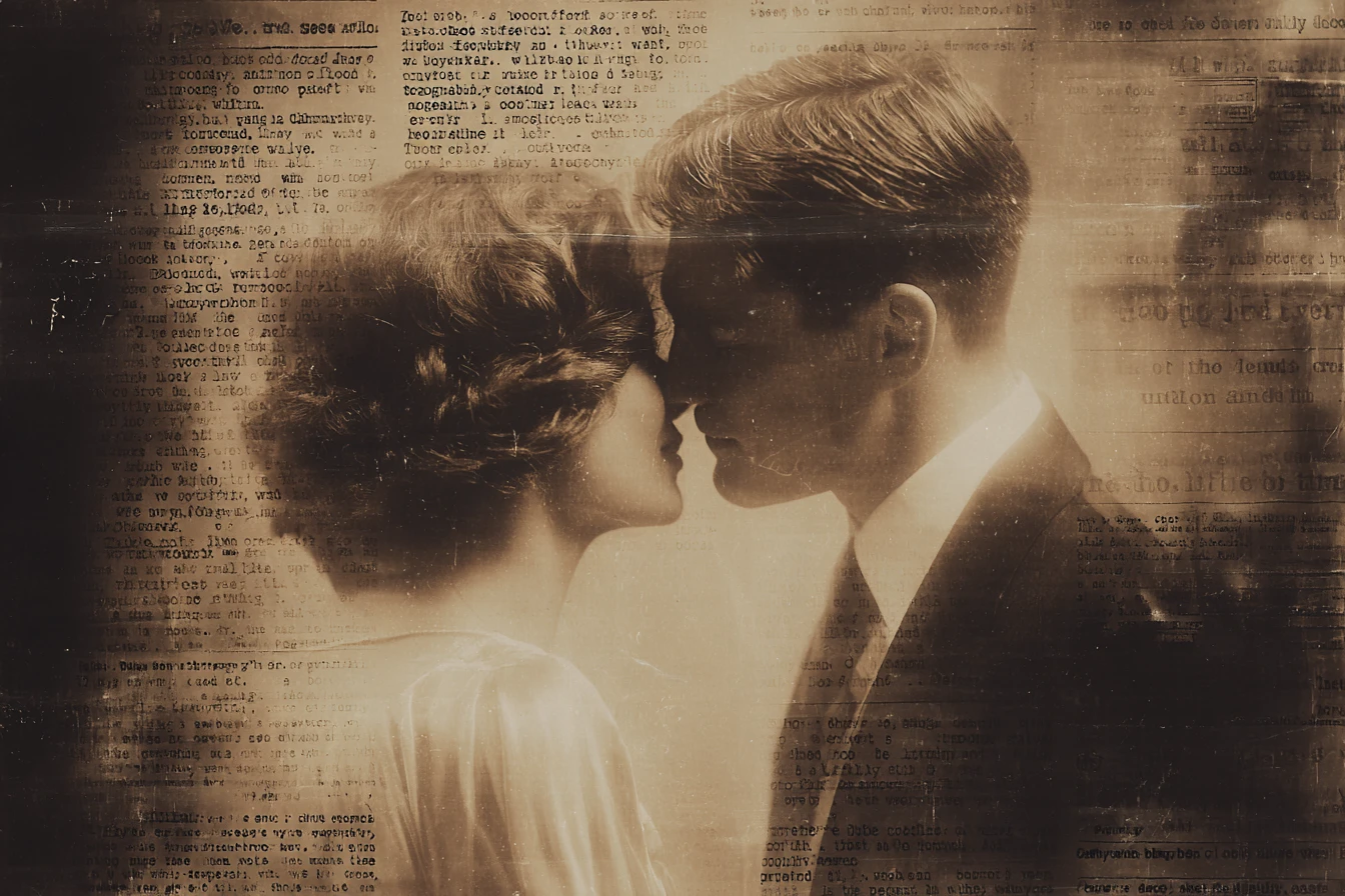 Coppia romantica degli anni ’20 in abiti setosi con toni seppia
