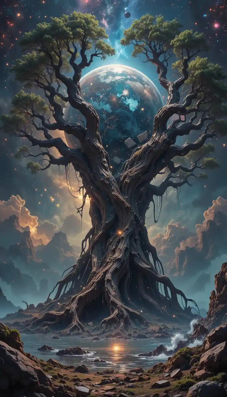 Ancient cosmic tree entwined with a shattered floating world