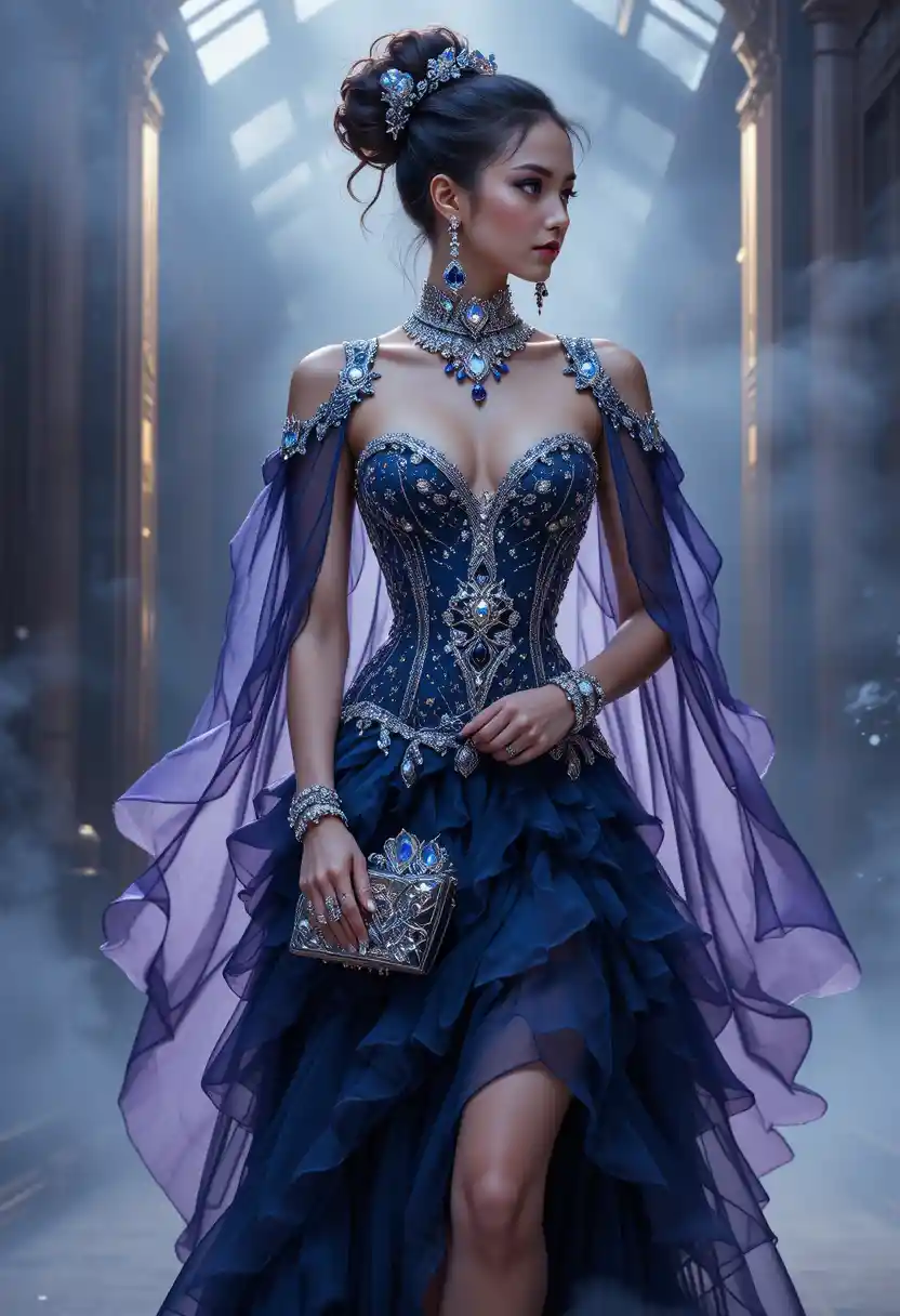 Elegante modella di moda in abito couture da notte incantata