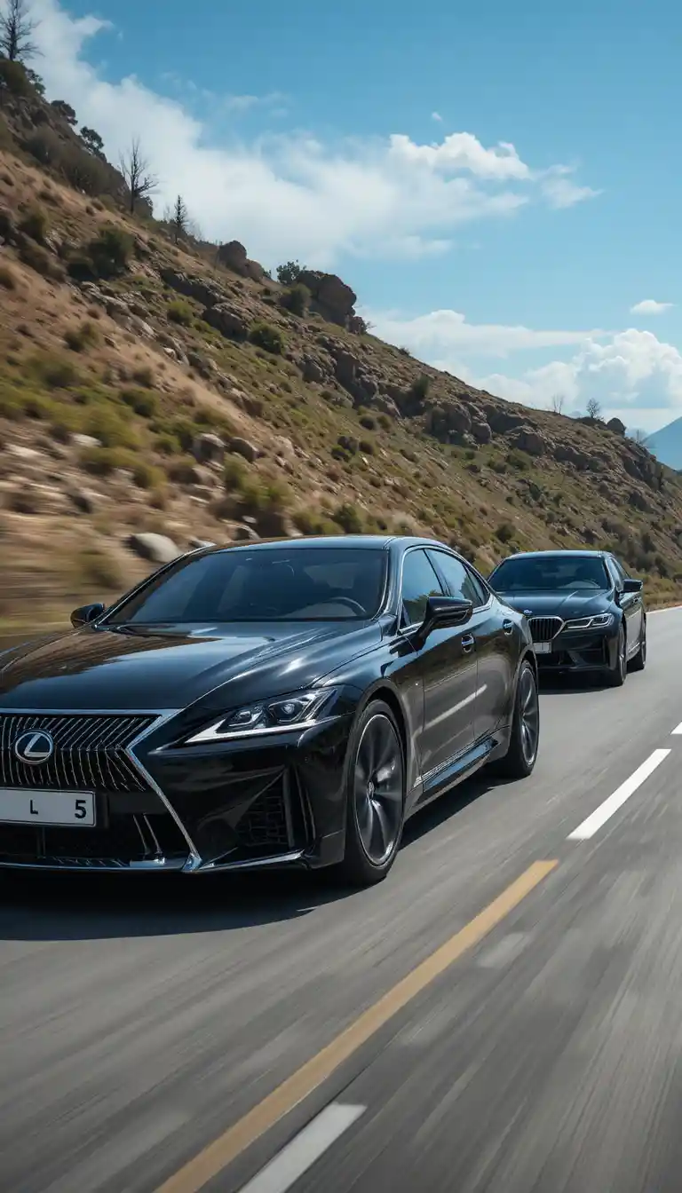 Two luxury black sedans driving side by side on highway