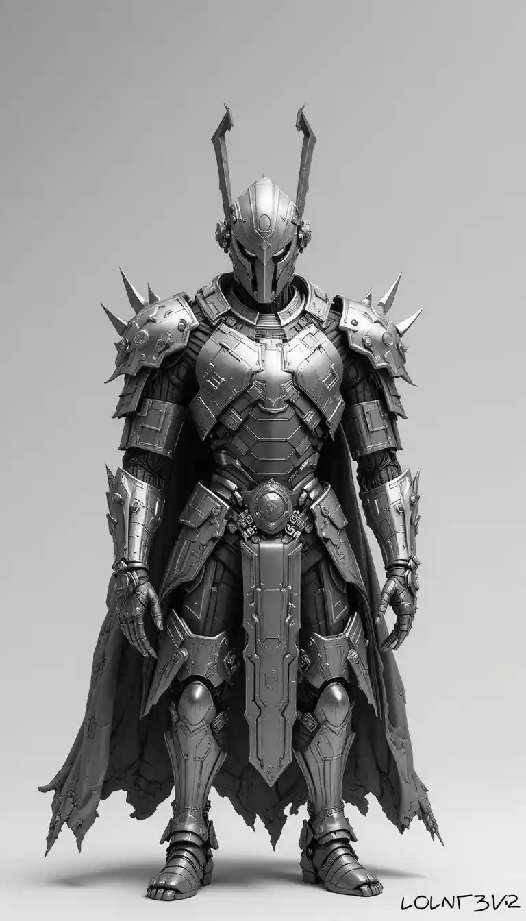 Mecha samurai monocromatico in armatura sci‑fi futuristica