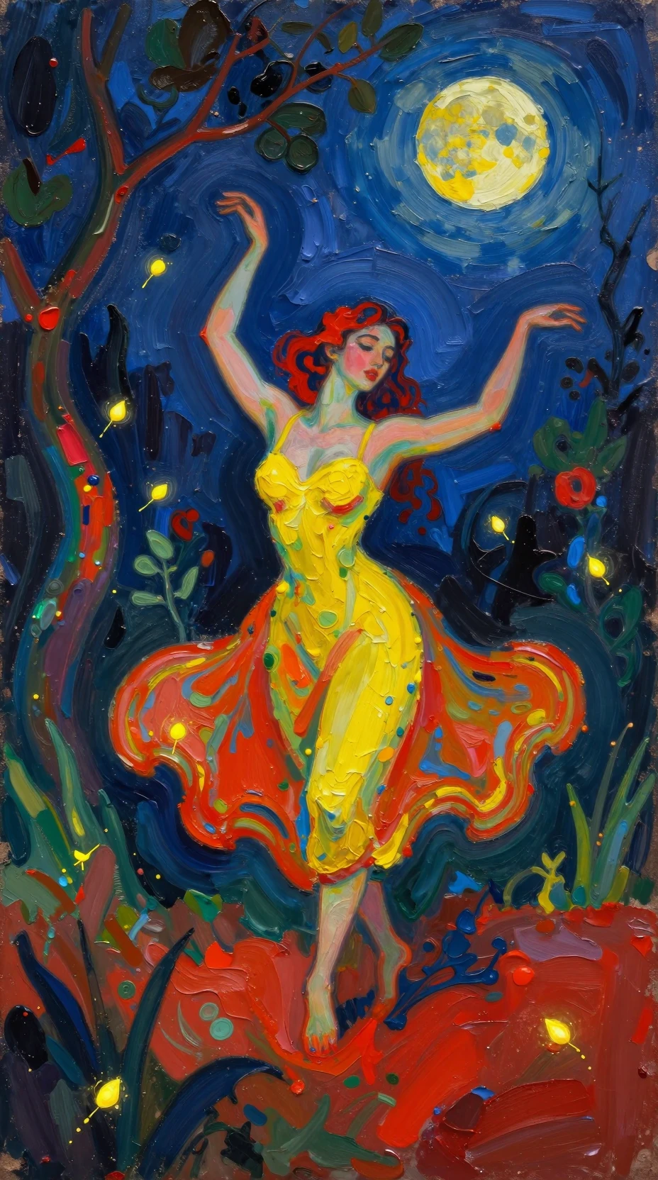 Donna di lucciole che danza in un giardino fiabesco al chiaro di luna