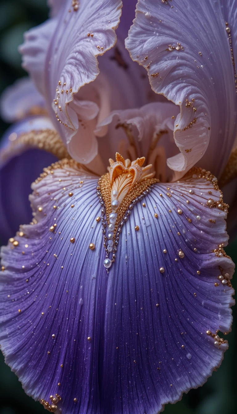 Singolo petalo di iris in primo piano con delicato ricamo a catena
