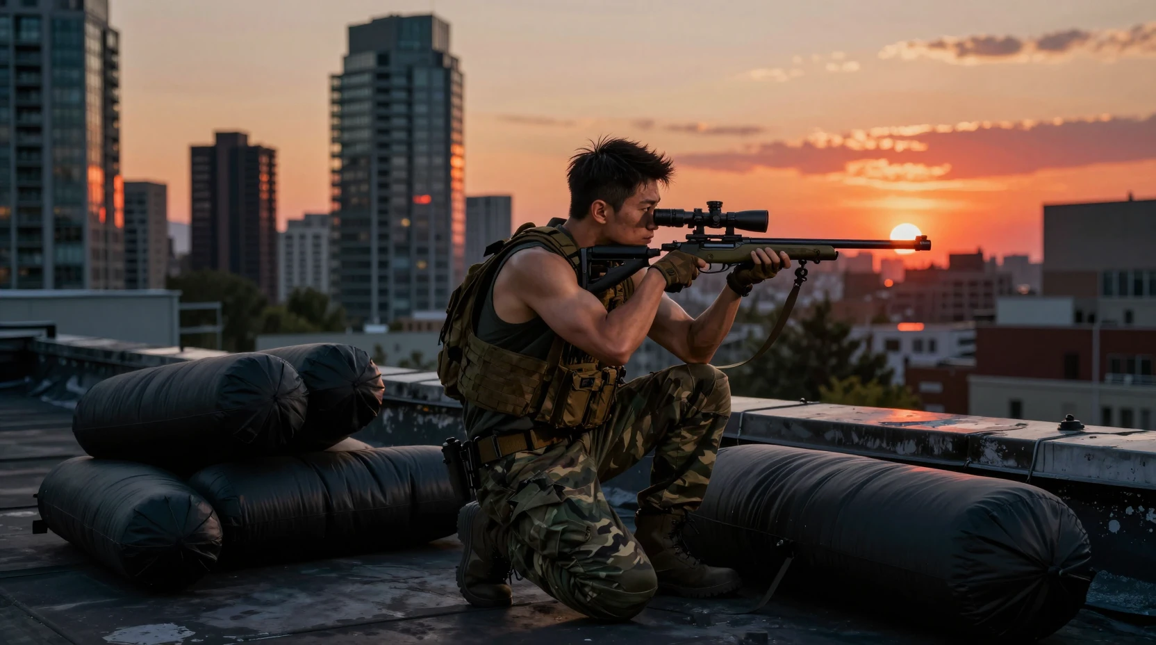 Tactical soldier scouting rooftops at sunset in urban city