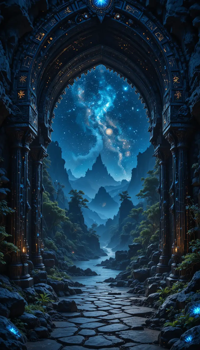 Valle fluviale fantasy vista attraverso un arco di pietra luminoso