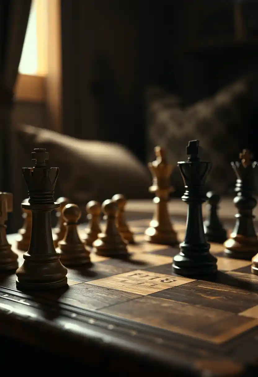Nahaufnahme eines antiken Schachbretts im dramatischen Innenlicht
