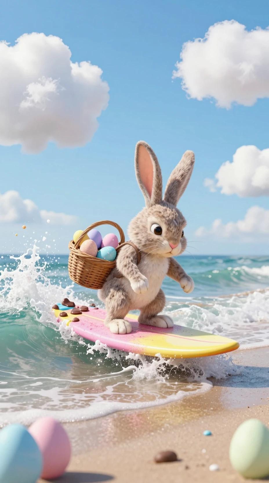 Easter rabbit surfing a pastel chocolate wave at the beach