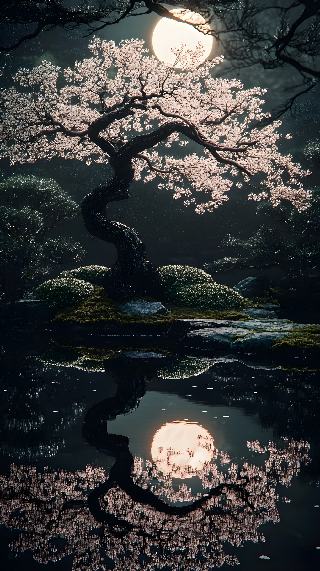 Cherry Blossom Tree Under Moonlight In Japanese Garden