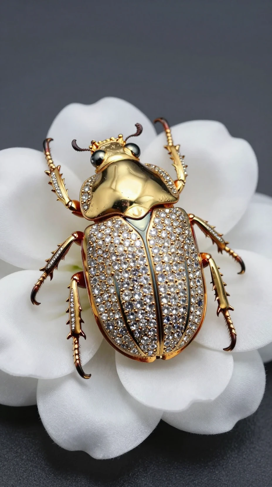 Scarabeo dorato con gioielli su fiore di seta bianca