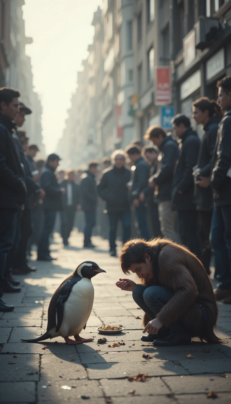 Folla che conforta un pinguino ferito in una strada cittadina affollata