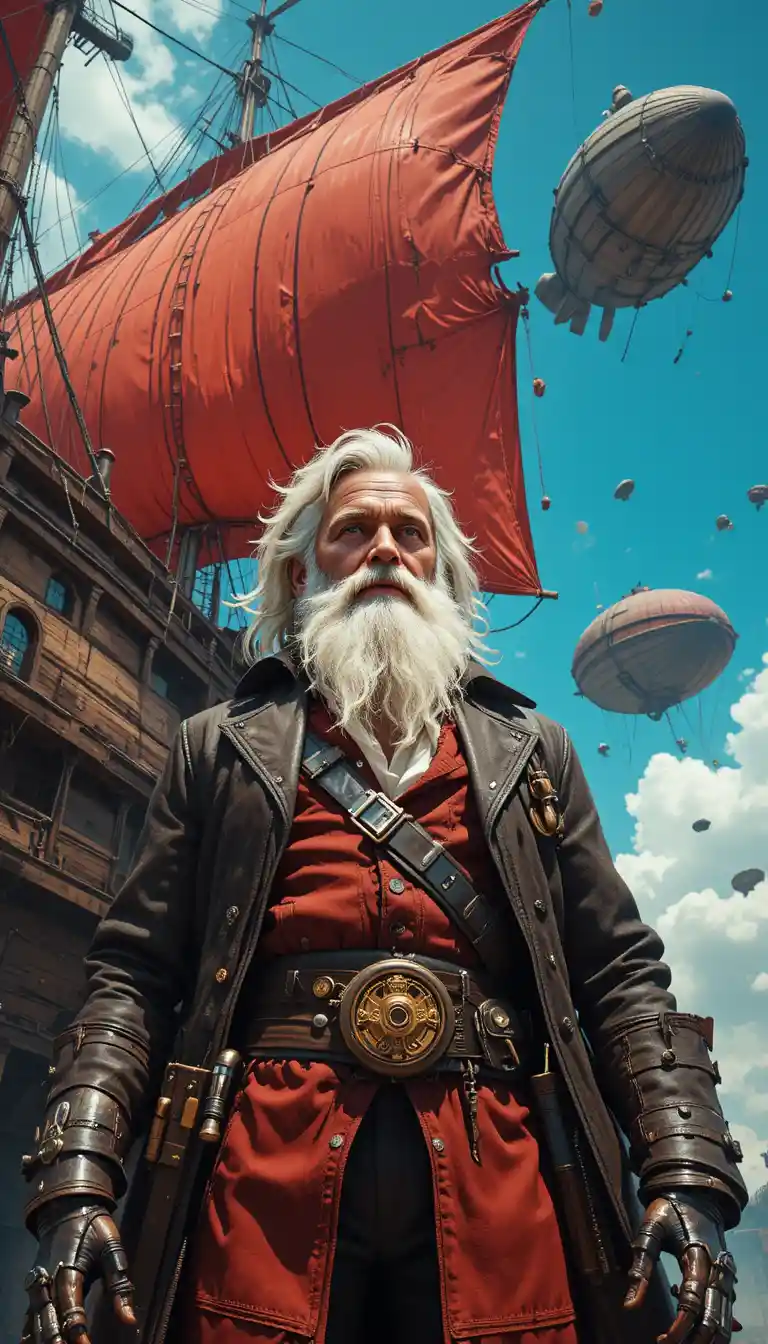 Heroic elderly sky pirate captain under towering airship