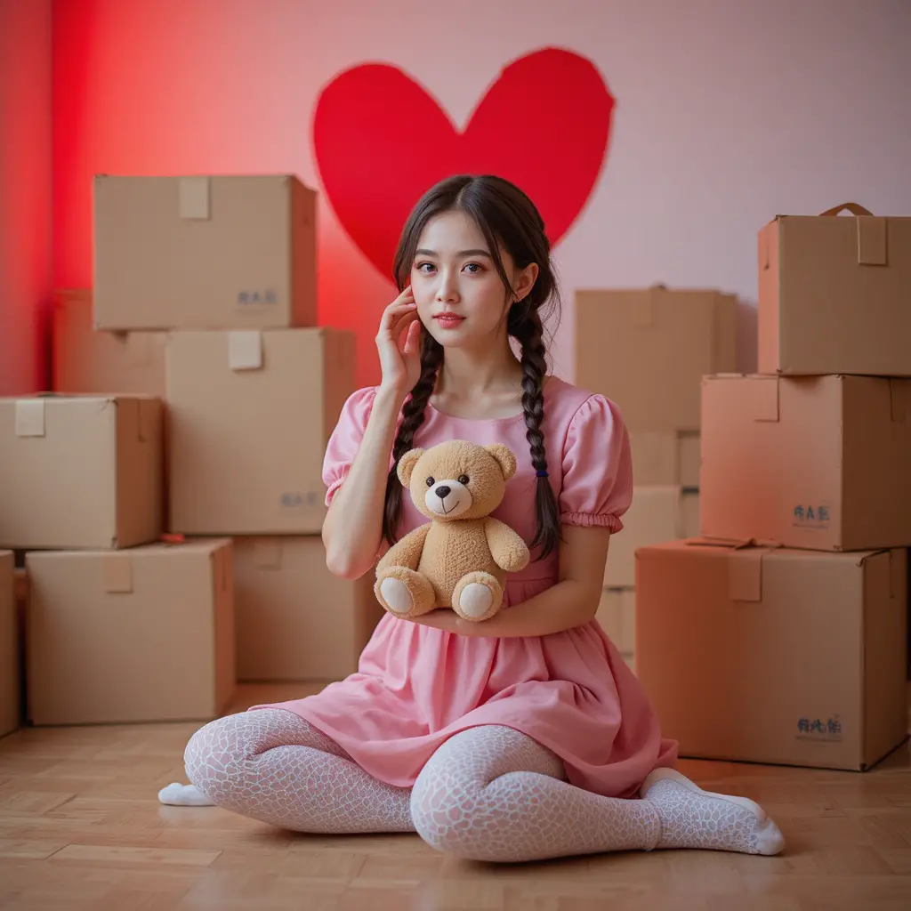 床に座りテディベアを抱えるピンクのドレスの少女