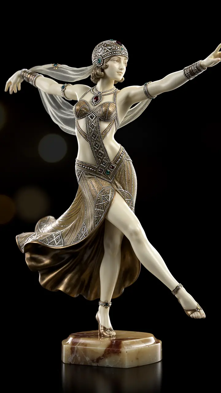 Estatueta ornamentada de uma mulher dançando em traje vintage