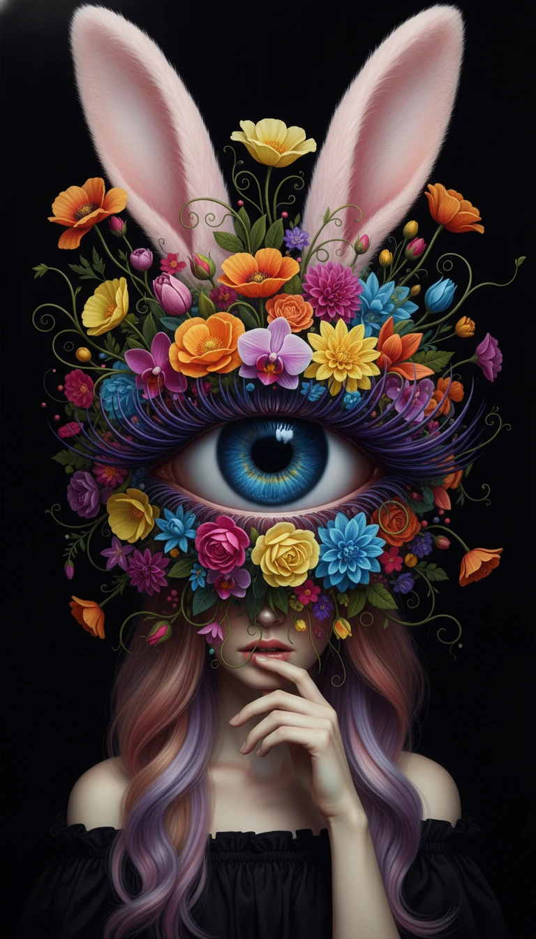 Mulher surreal com gigantesco olho azul e coroa floral de coelho