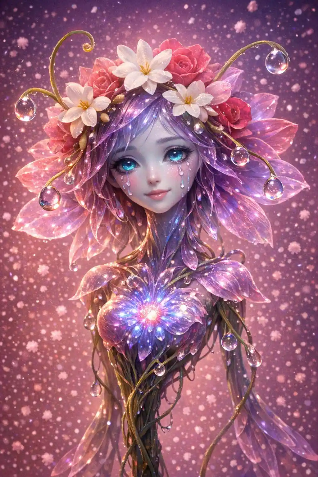 Floral humanoid head glowing gently in abstract space
