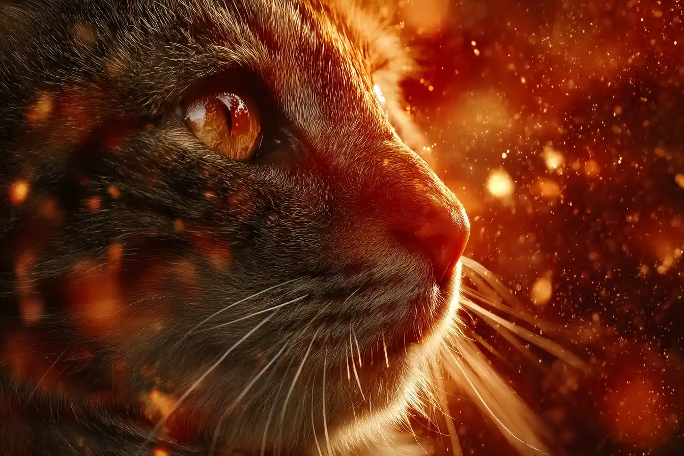 Dramatic red cat portrait with glowing abstract particles
