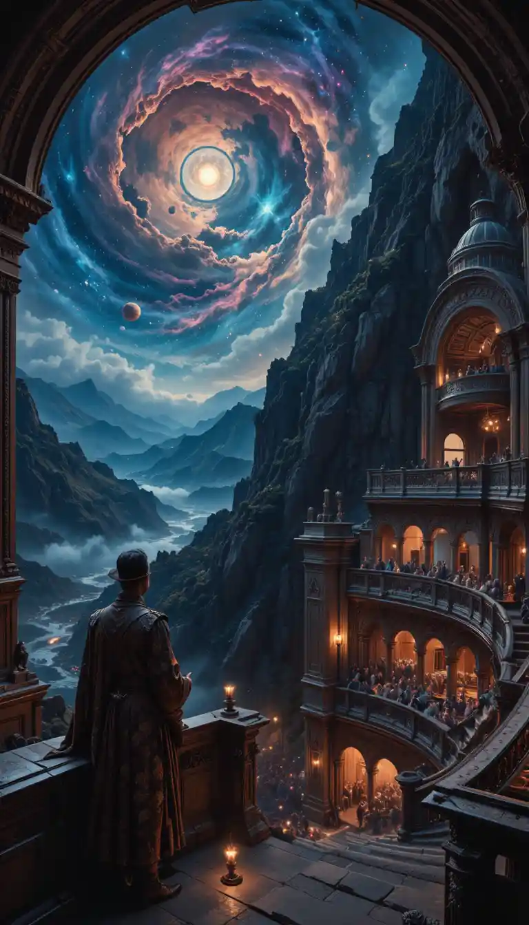 Baroque opera house carved into a moonlit volcanic slope