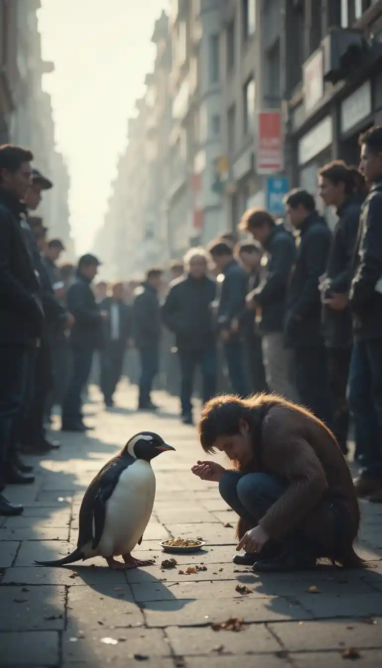にぎやかな街角でけがをしたペンギンをなぐさめる人々