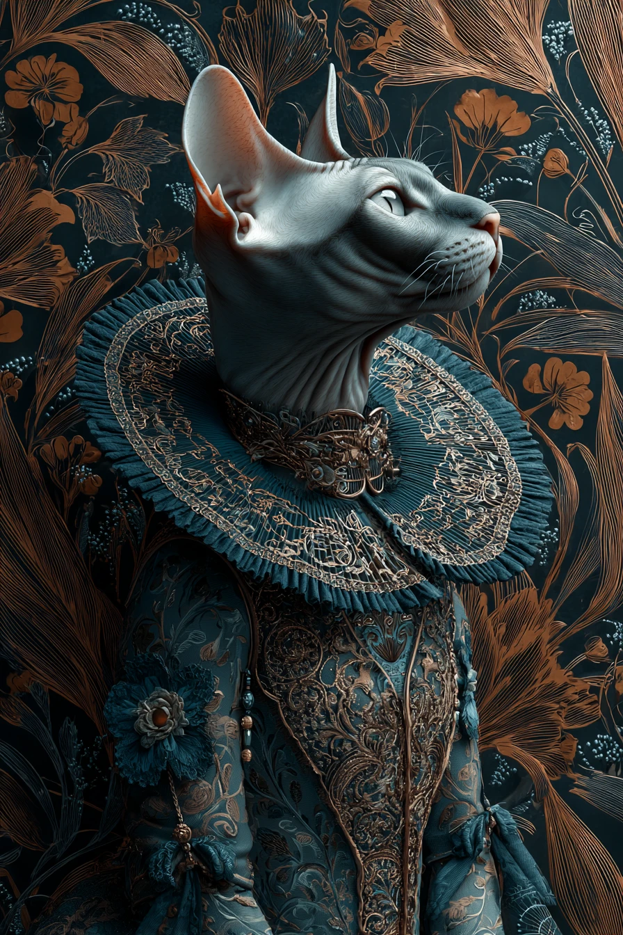 Chat oriental élégant en robe bleu sarcelle avec motifs botaniques tourbillonnants