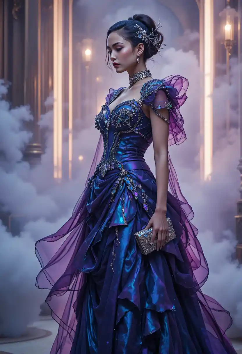 Mystical couture model in iridescent sapphire and amethyst gown
