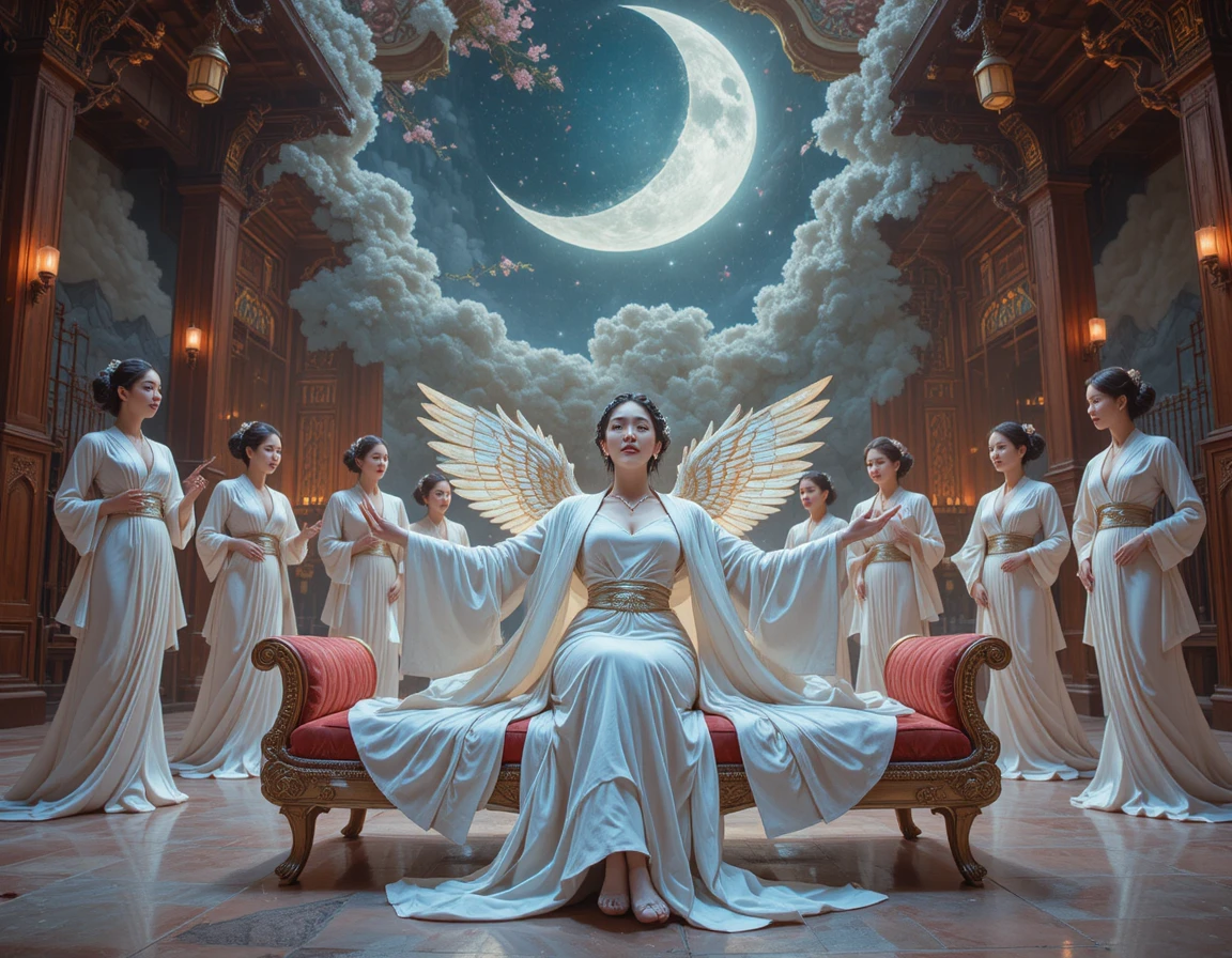 燈籠柔光中斜倚於漆紅榻上的神祕女神