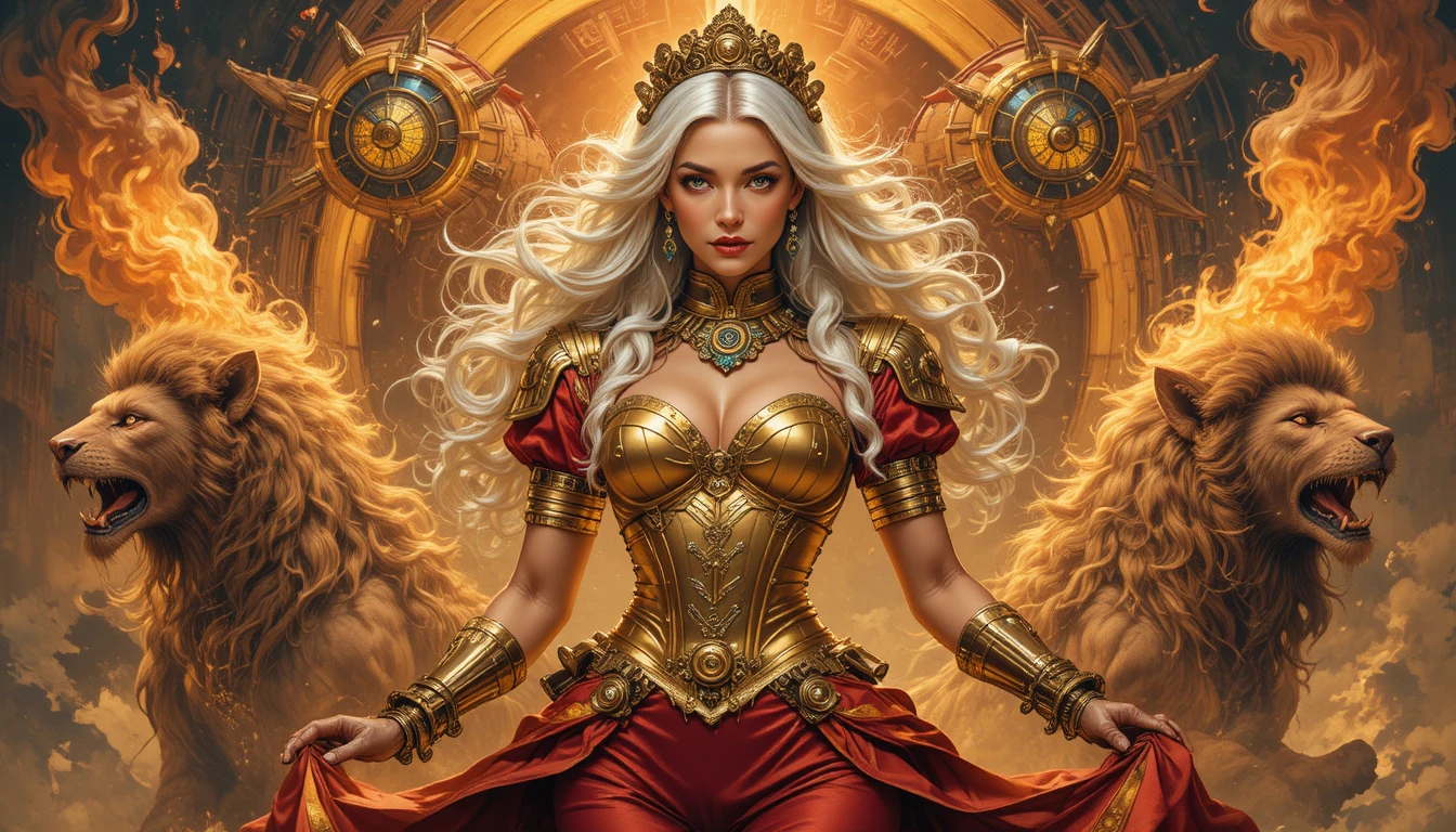 Donna steampunk con corona di leone in uniforme dorata radiante