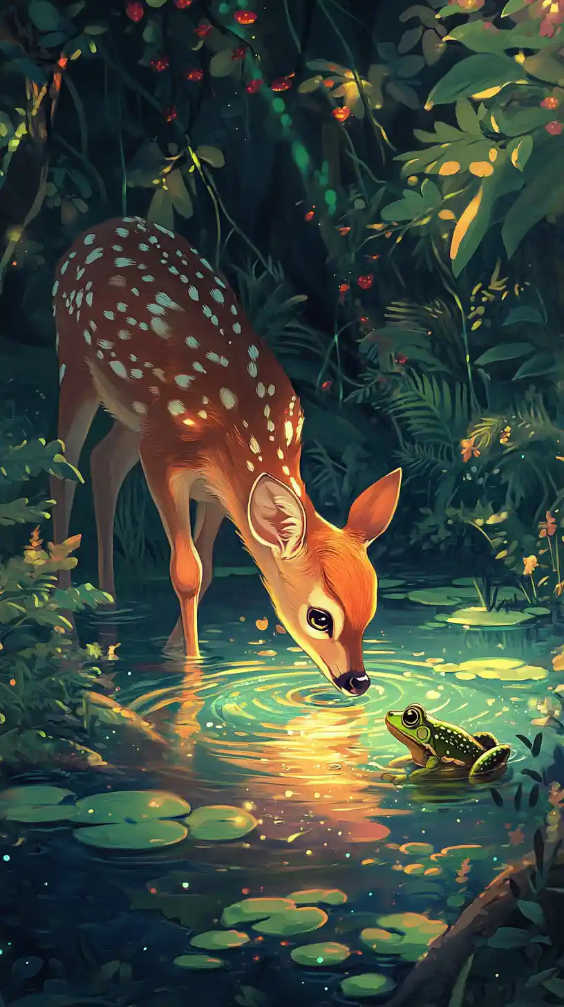 Cute fawn drinking at a glowing forest pond with frog