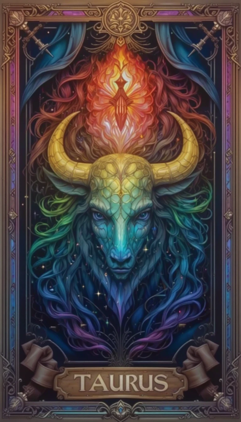 Fiery taurus zodiac symbol in gothic rainbow frame
