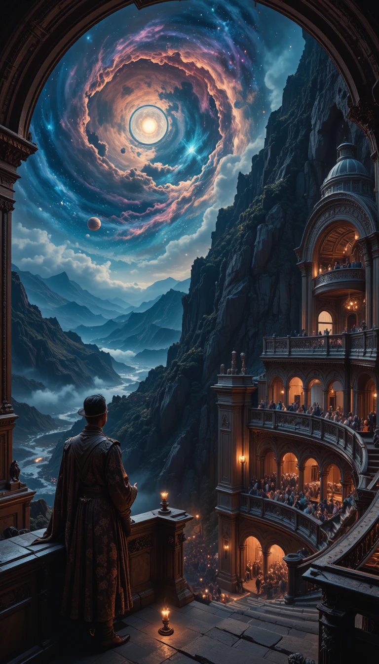 Baroque opera house carved into a moonlit volcanic slope