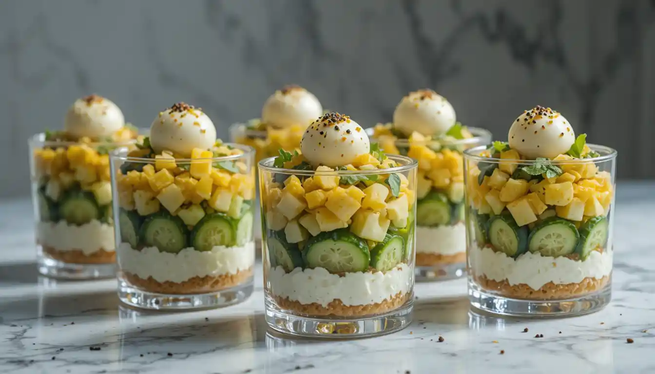 Gourmet verrines layered with vegetables and quail eggs