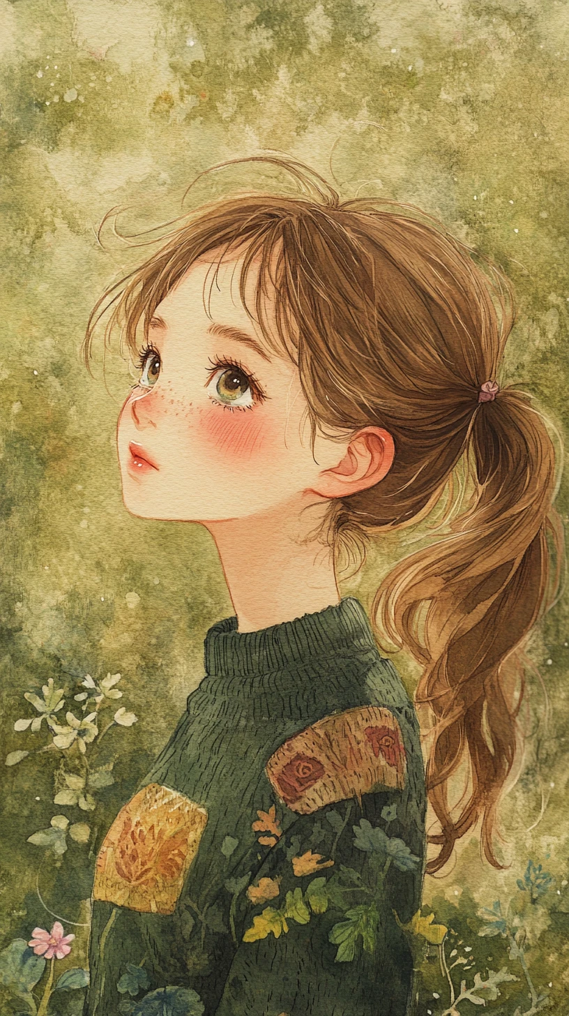 Playful anime girl relaxing in a cozy warm interior